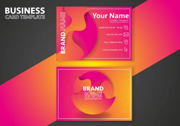 Vector illustration of Orange and pink business card template with flowing liquid shapes, amoeba forms. Abstract dynamic gradient graphic elements in modern style.