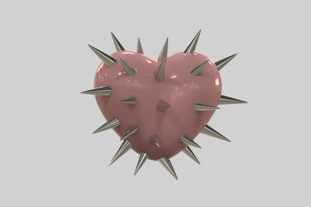 silver and blood 3d render heart with spikes minimalistic rock valentine day - february three dimensional shape heart shape greeting imagens e fotografias de stock