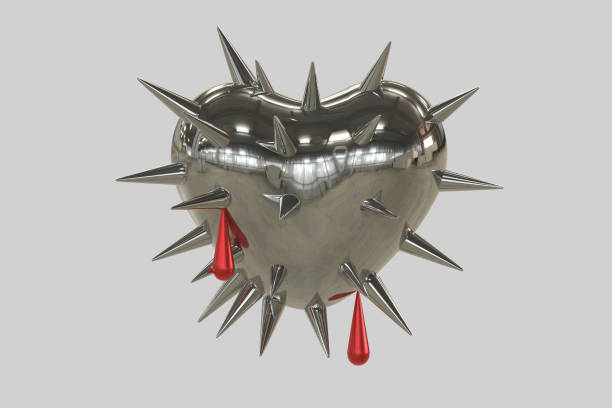 silver and blood 3d render heart with spikes minimalistic rock valentine day - february three dimensional shape heart shape greeting imagens e fotografias de stock