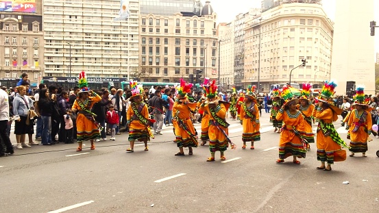 Buenos Aires, Argentina - October 12, 2013. Bolivian Carnival. People wearing traditional colorful costumes.