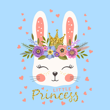 Vector illustration design for t-shirt graphics, fashion prints. Cute rabbit face with crown and floral wreath. Little Princess slogan text.