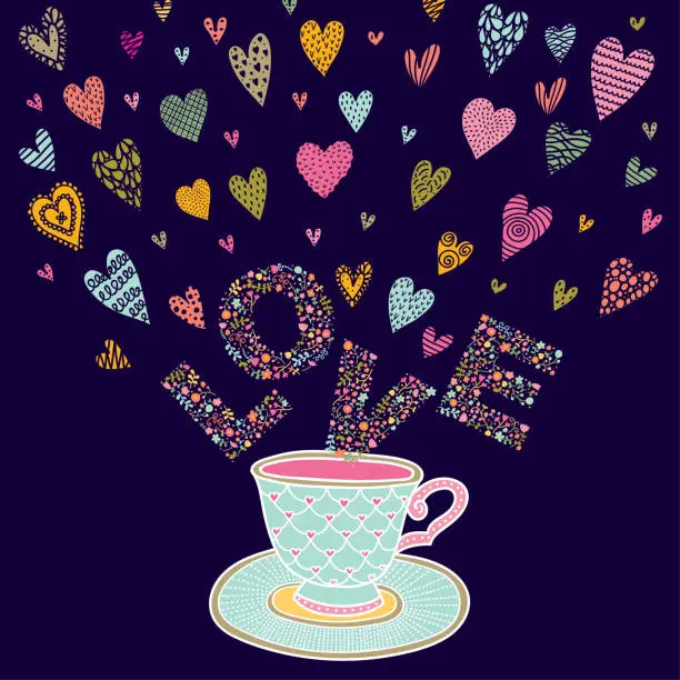 Vector illustration of Love potion. Tea сup with letters love and sweet hearts.