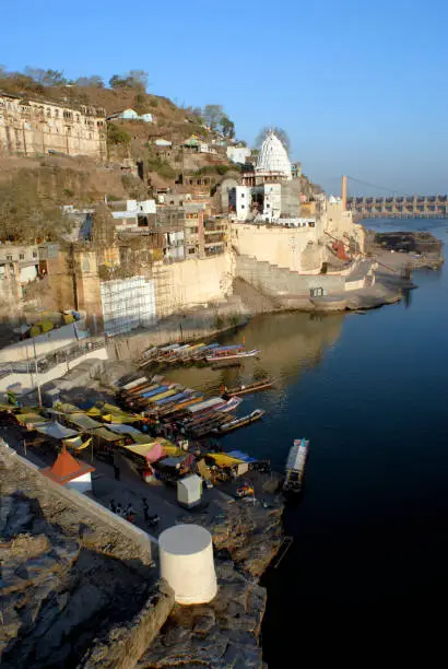 Omkareshwar ghat and the temple of Jyothirlingam one of the 12 throughout India on the bank of Narmada River district Khandva Madhya Pradesh