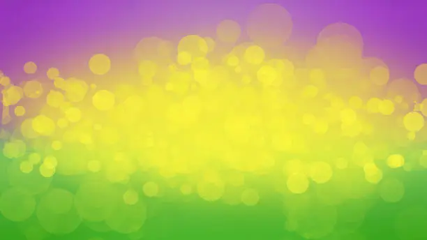 Mardi Gras Party Background with Purple, Yellow Gold and Green Colors and Abstract Defocused Bokeh Lights, Horizontal