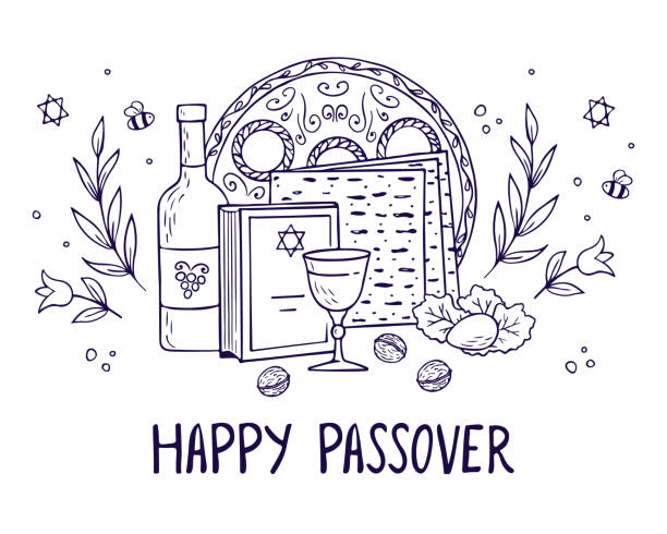 ilustrações de stock, clip art, desenhos animados e ícones de passover greeting card, poster, invitation. jewish holiday. passover template for your design with matzah, wine bottle, glass, torah and spring flowers. happy passover inscription. vector - passover judaism seder seder plate