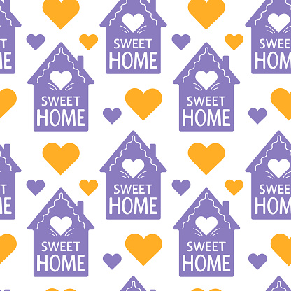 Cute house with a heart and the inscription sweet home. Seamless pattern. Can be used for web page background fill, surface texture