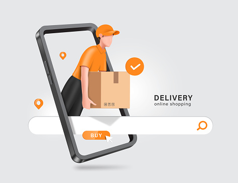 Delivery man in orange uniform and wear cap hat and he is standing front smartphone and lifting parcel box or cardboard box to customer after confirming order,vector 3d for delivery,online shopping