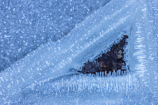 Close-up of frost textures on the ground. Background of frost needles