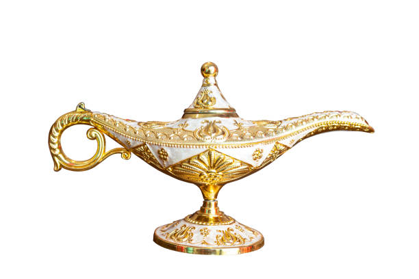 istock Closeup view of golden and white magic lamp on white background 1465592190