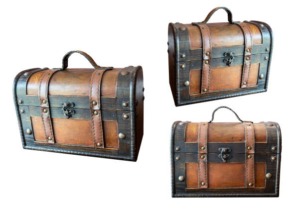 Treasure chest on white background. Horizontal composition with copy space. Front view.