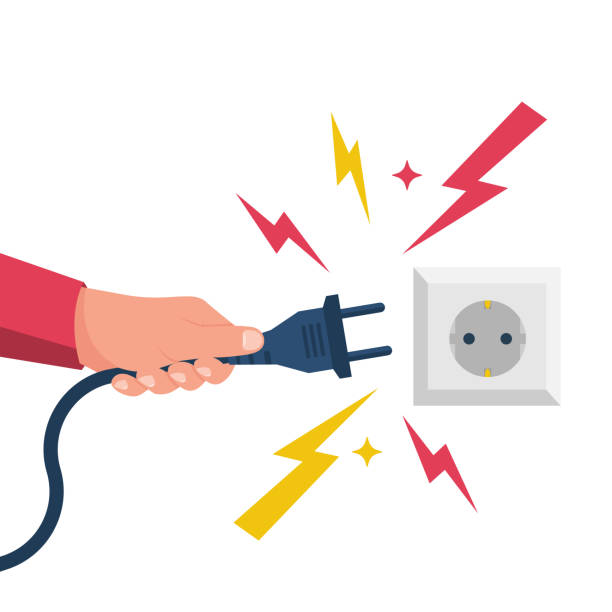 Electric power plug holding in hand. Unplug, and plugged in the wall socket. Electric power plug holding in hand. Unplug, and plugged in the wall socket. Vector illustration flat design. Connecting power plug. Sparks flying from the outlet. electric plug stock illustrations