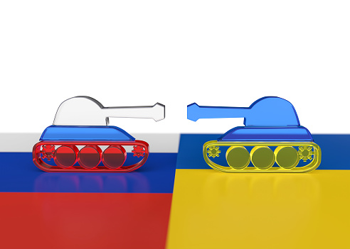 3d render russian and ukraine battle tank facing  each other on top of the flag