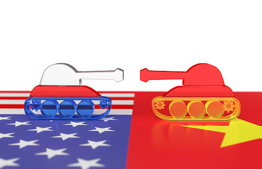 3d render battle tank of united states and china facing each other  under two flags