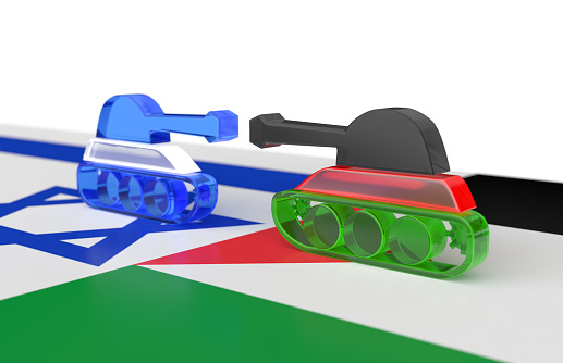 3d render of Israeli  and Palestinian . tank facing each other in two flags