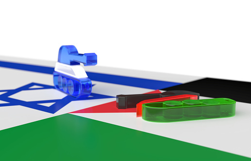 3d render of Israeli  and Palestinian . tank facing each other in two flags