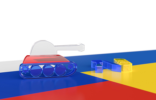 3d render russian and ukraine battle tank facing  each other on top of the flag