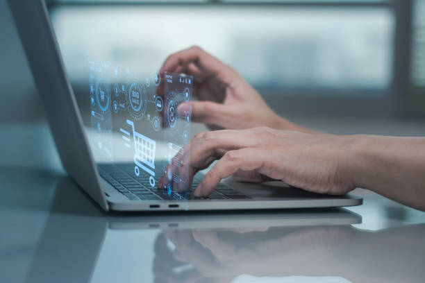 istock Futuristic concept online shopping,payment application 4.0 technology,businessman using laptop online shopping modern hologram virtual screen icon system connection process by artificial intelligence 1465594166