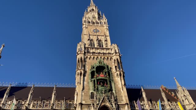 Rathaus Glockenspiel tower in Marienplatz in Munich city