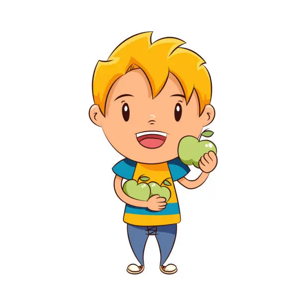 Vector illustration of Kid holding green apples