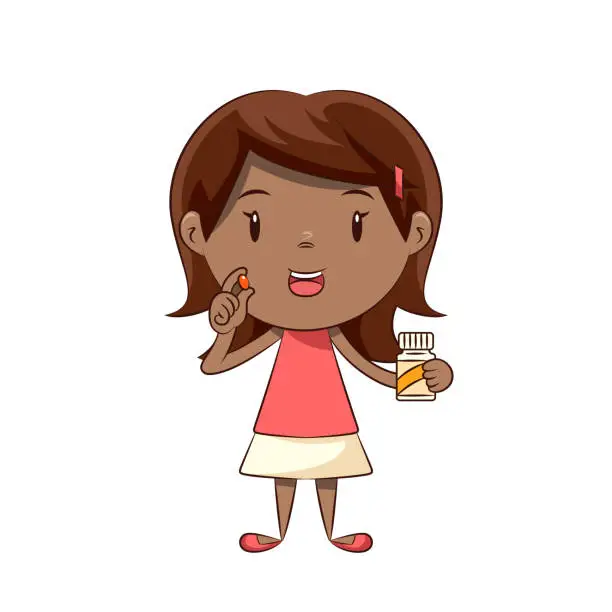 Vector illustration of Little girl taking vitamins child holding pill bottle