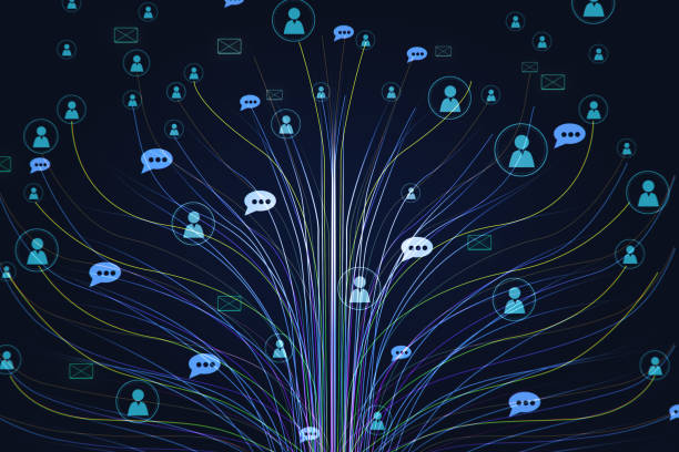 Personal data and people connection concept with digital graphic linen tree with user and speech bubble symbols on it on abstract dark background. 3D rendering