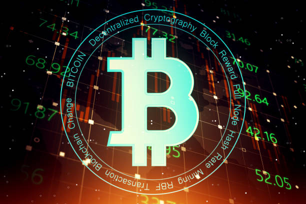 istock Digital money exchange and crypto currency concept with bitcoin icon on dark technological background with stats data. 3D rendering 1465594756