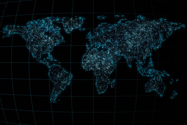 istock Global connection and network concept with lots of illuminated lights on digital world map scheme on dark background. 3D rendering 1465594796