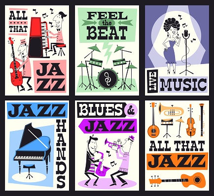 Jazz music festival cards. Funny artists with different instruments, invitational concert posters, live music party time, modern cartoon characters, festival or concert advertising tidy vector set