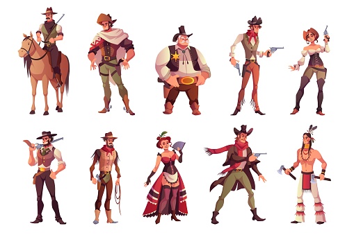 Cartoon cowboys. Funny cowboy and cowgirl, indian and saloon girl characters, different costumes and weapons, country and western style, sheriff and bandit with lasso and gun, tidy vector isolated set