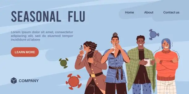 Vector illustration of Seasonal flu poster. Stop virus banner, sick people with cold symptoms, drinking hot tea, coughing and trembling, landing page template, tidy vector cartoon flat isolated concept
