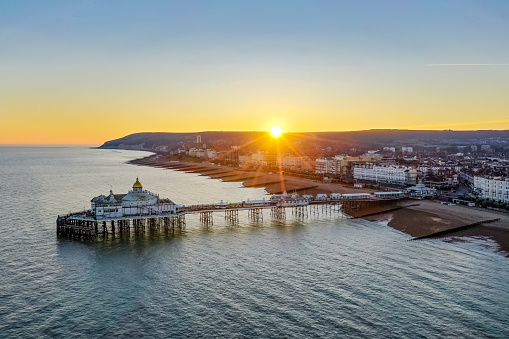 Aerial view of Eastbourne sunset famous Eastbourne pier English Channel East Sussex England Europe