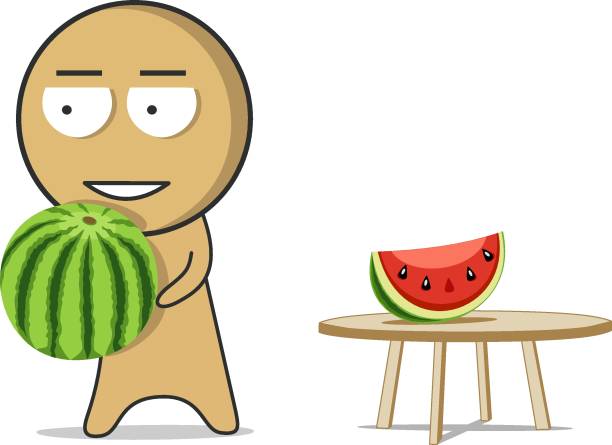The boy stands with a watermelon vector art illustration