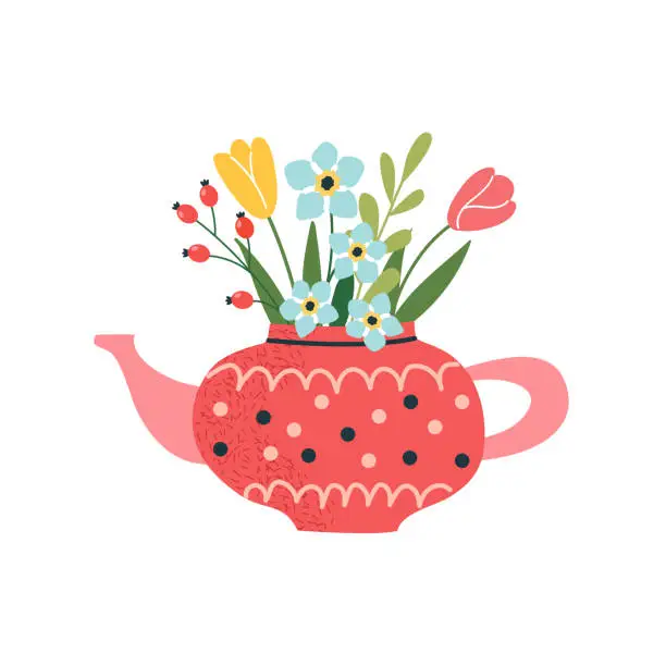 Vector illustration of Red teapot with bouquet of flowers. Cute teapot  in polka dot with spring flowers. Perfect for greetings, cards, posters, congratulations, tea shop or store.