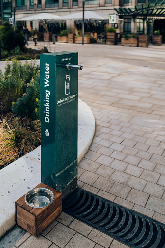 London, UK - February 02, 2023: Water refill station at Broadgate Exchange Square, a green space at Broadgate with aim to boost the emotional and physical wellbeing of those that work in the area.