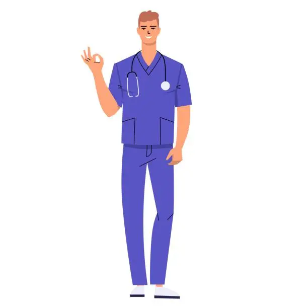 Vector illustration of Young male nurse gesturing ok. The doctor gestures to show that everything is fine, cool and perfect. A character with a stethoscope and wearing scrubs.