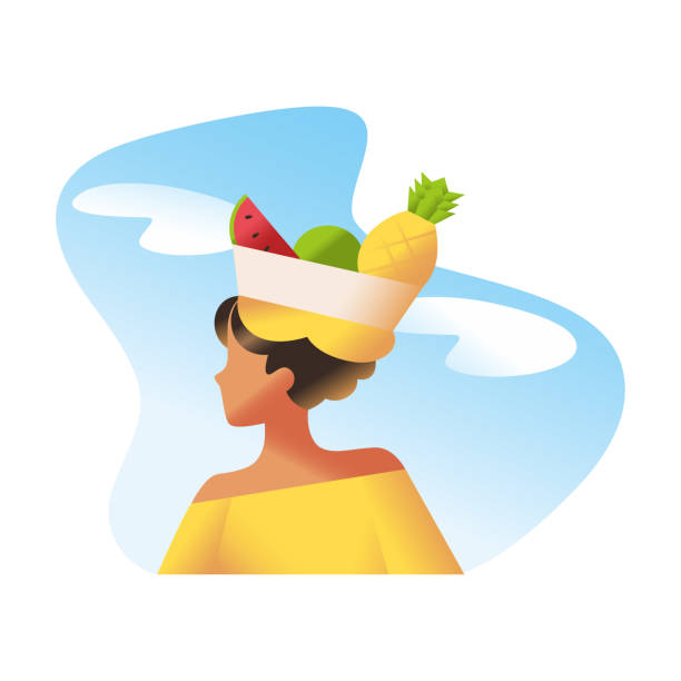 illustrations, cliparts, dessins animés et icônes de palenquera femme colombienne avec une corbeille de fruits sur la tête vector - food caribbean street cartagena