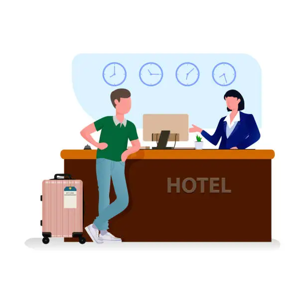 Vector illustration of People in hotel reception vector illustration. Cartoon flat happy tourist characters talking with hotelier receptionist at reception desk in hotel hall lobby room interior, check in process background