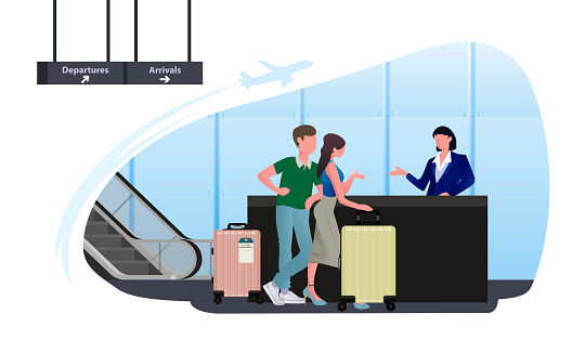 people standing to check in, order to register for flight, women and man with baggages waiting for plane departure at airport vector illustration design