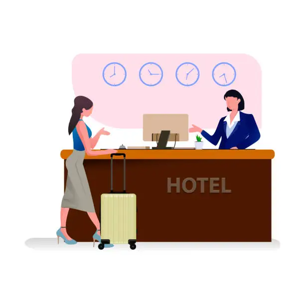 Vector illustration of People in hotel reception vector illustration. Cartoon flat happy tourist characters talking with hotelier receptionist at reception desk in hotel hall lobby room interior, check in process background