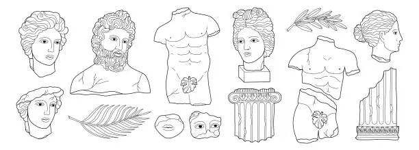 Vector illustration of Set antique statues. Mythical, ancient greek sculpture. Editable stroke