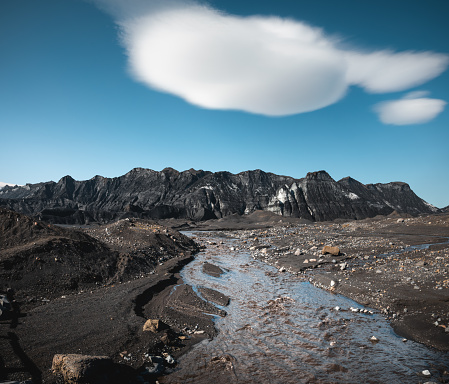 Glacial river flows out of the melting glacier Myrdalsjokull near Katla volcano in South Iceland.