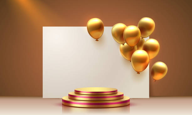 ilustrações de stock, clip art, desenhos animados e ícones de balloon golden podium present, celebrate happy birthday, gold platform banner. vector - model home house balloon sign