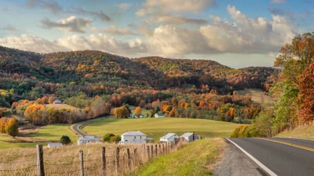 rurale virginia farm country in autunno nelle valli e colline dei monti appalachi - fence hill mountain range mountain foto e immagini stock