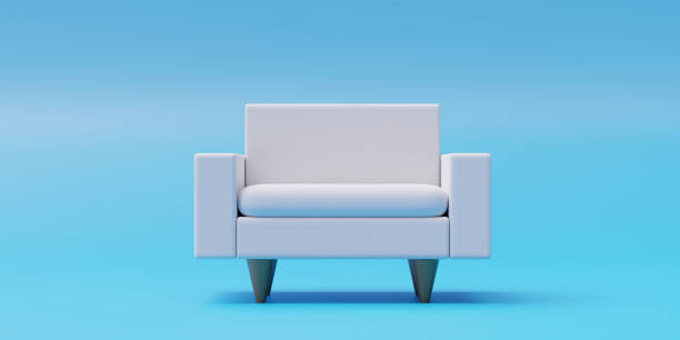 istock White single seat sofa with armrest isolated on blue background. Front, ad template space. 3d render 1465612556