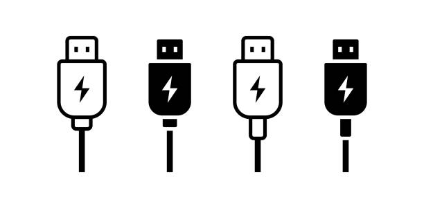 ilustraciones, imágenes clip art, dibujos animados e iconos de stock de conjunto de iconos vectoriales de cable de datos usb. symbol de disco usb. señal de adaptador usb lineal - cable audio equipment electric plug computer cable