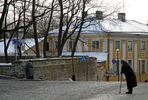 エストニアのタリンにあるアレクサンドル・ネフスキー大聖堂の近くで棒にもたれかかる老婆 - alexander wilson ストックフォトと画像