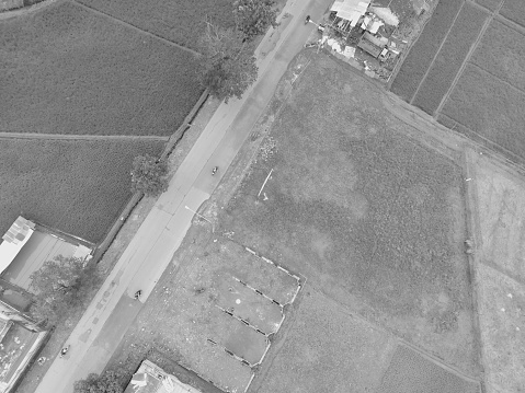 Black and white photo of agricultural land mapping on the outskirts of the city in the area of Bandung - Indonesia.