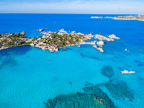 Aerial drone view of the Testa di Polpo - Octopus Head, an unusual name for a beautiful coastal stretch on La Maddalena Island