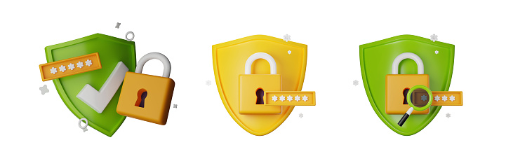 Antivirus badge, internet fraud security safe concept, PIN entry field. 3D shield padlock clipart