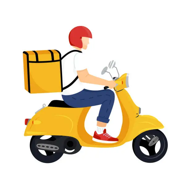 Vector illustration of Scooter with delivery man flat vector cartoon character. Fast courier. Restaurant food, mail delivery service, food. Webpage, app design. Isolated on transparent background